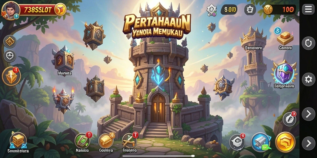 Tangkapan layar gameplay 738SLOT dengan aksi menara pertahanan.