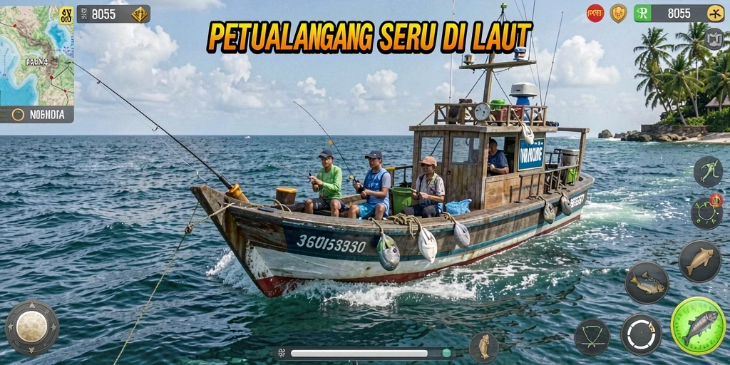 Screenshot gameplay 8055 menampilkan aksi memancing yang seru dan menantang.