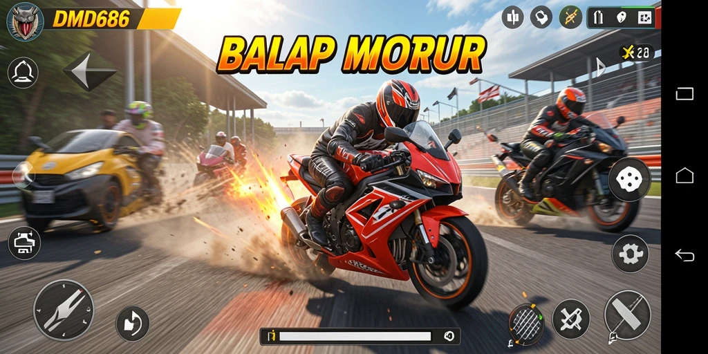 Tampilan gameplay <strong>DMD686</strong> yang menegangkan saat balapan motor.