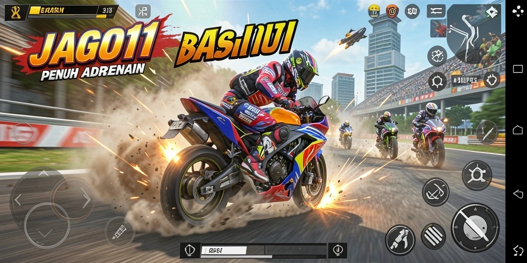 Gameplay JAGO11 menampilkan aksi balap motor yang mendebarkan.