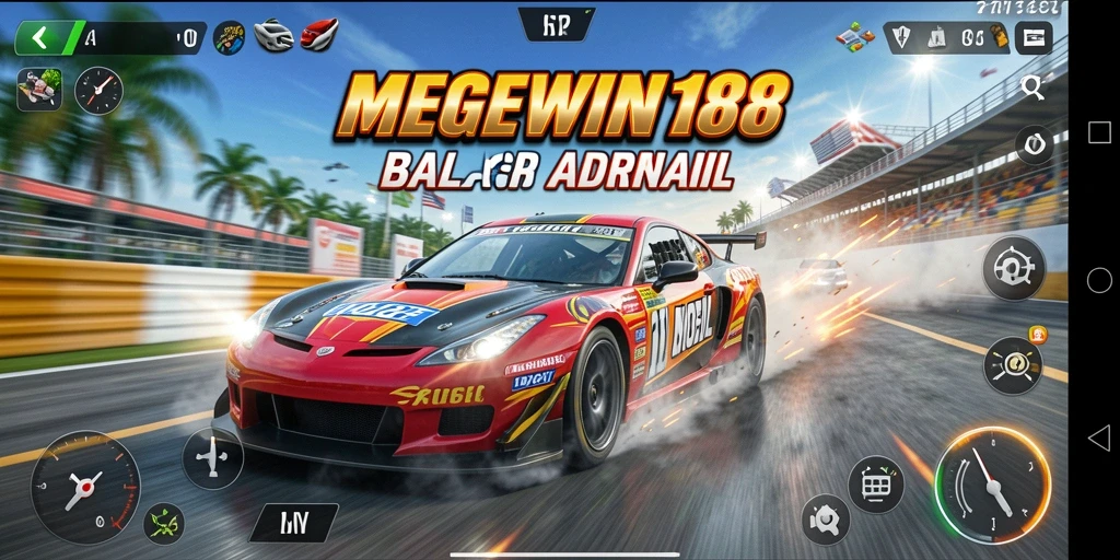 Screenshot gameplay MEGEWIN188 menampilkan balap mobil yang intens dan mendebarkan.