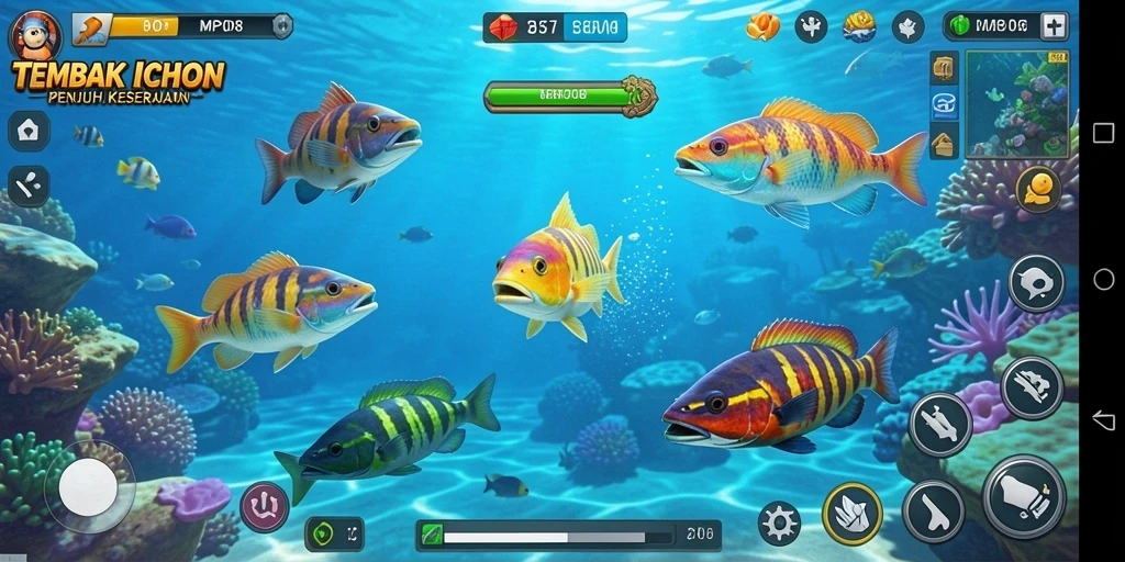 Screenshot menarik dari gameplay MPO08 yang menampilkan aksi tembak ikan.