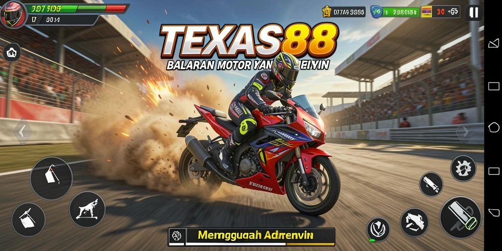 Gameplay seru TEXAS88 dengan balapan motor yang mendebarkan.
