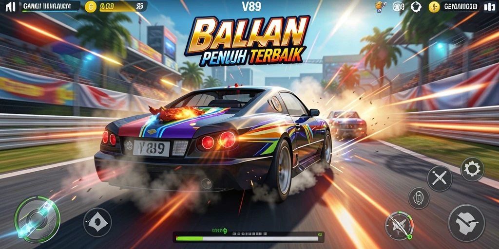 Gameplay balapan V89 dengan mobil dan lintasan menarik.